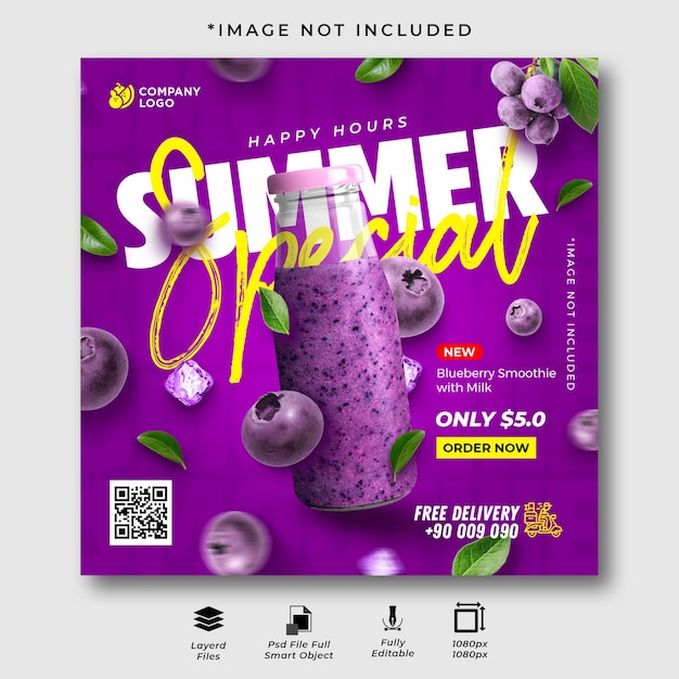 PSD campanha de mídia social de smoothie de frutas com amora especial de verão post no instagram