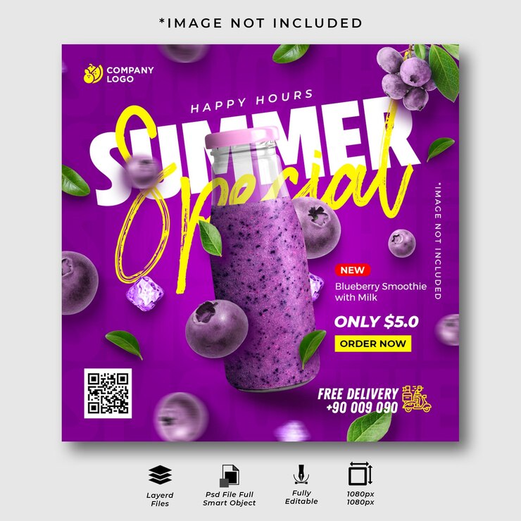 PSD campanha de mídia social de smoothie de frutas com amora especial de verão post no instagram