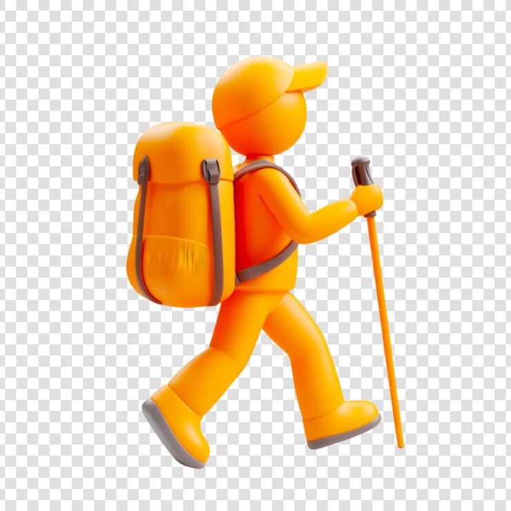 Campeón naranja caminando alegremente con mochila y bastón de caminata viaje de aventura
