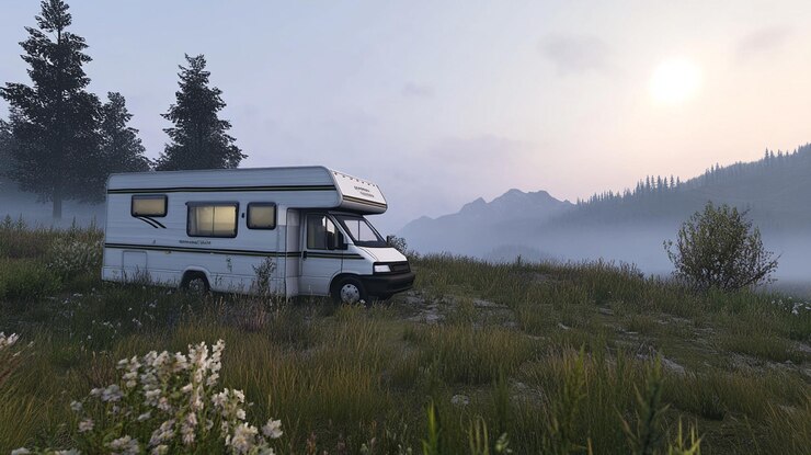 PSD campervan estacionado em uma paisagem montanhosa nebulosa ao nascer do sol