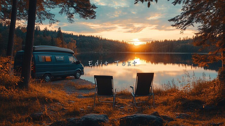 PSD campervan estacionado por um lago sereno ao pôr do sol duas cadeiras voltadas para a água