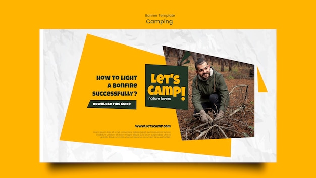 Camping horizontale Banner-Vorlage mit zerknittertem Papiereffekt
