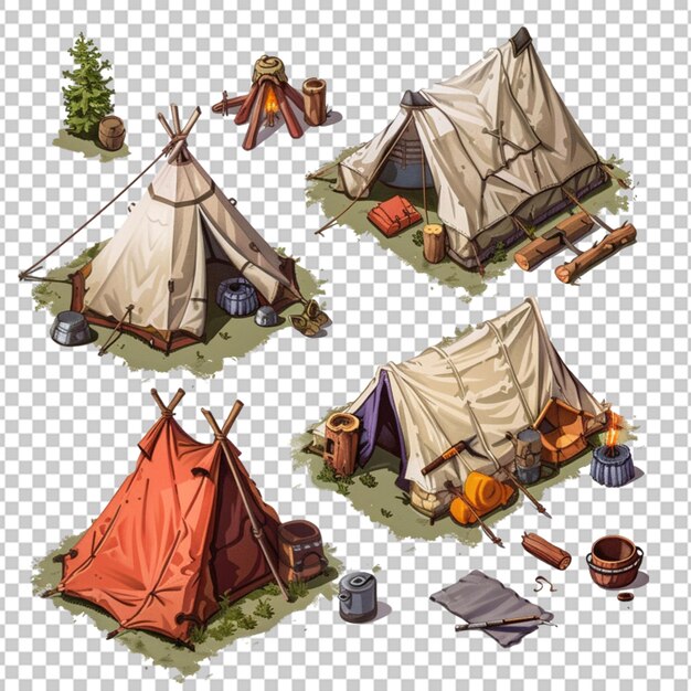 PSD camping im freien zelt mit rucksack berg und fluss unter