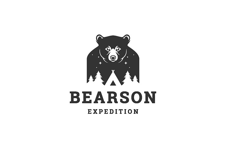 PSD camping notturno della foresta dell'orso effetto doppia esposizione modello di progettazione del logo illustrazione piatta