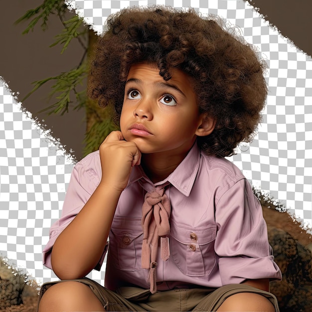 PSD camping ponderings empowered middle eastern boy kinky hair thoughtful pose mauve background