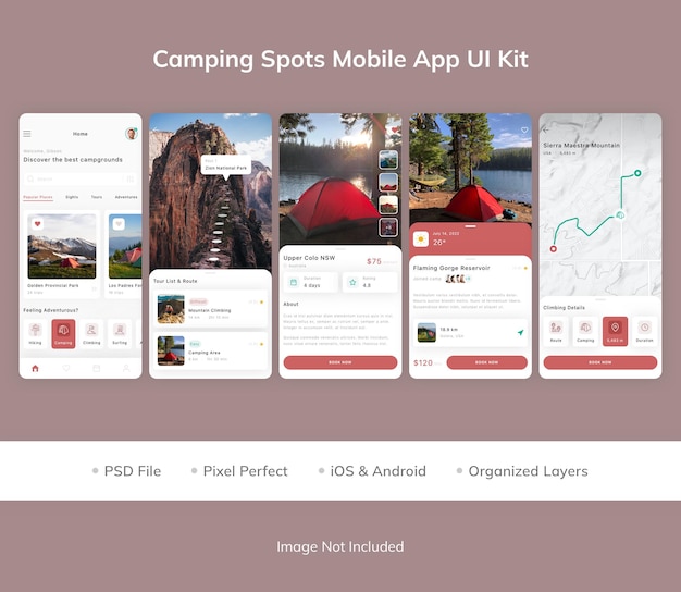 PSD camping spots mobile app ui-kit