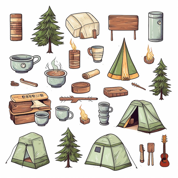 PSD camping_stuffs_clipart_sets_white_background_pastel_colors