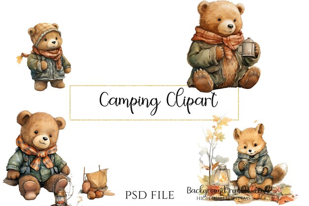 PSD camping teddybären und fuchs clipart