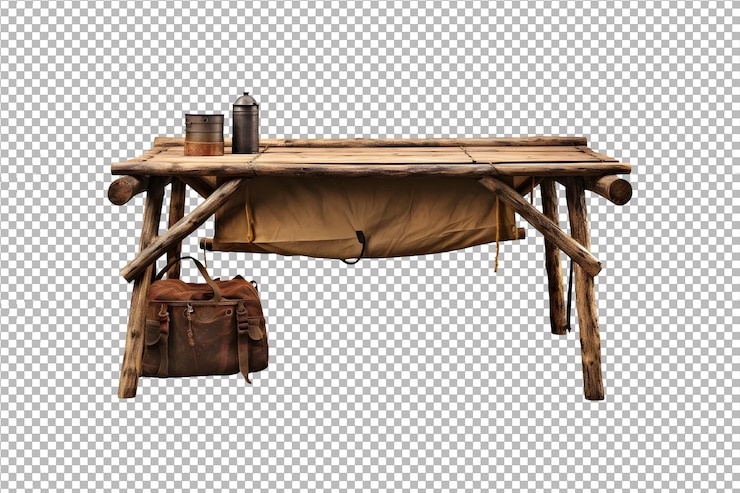 PSD camping-tisch aus holz mit bagge, isoliert auf durchsichtigem hintergrund