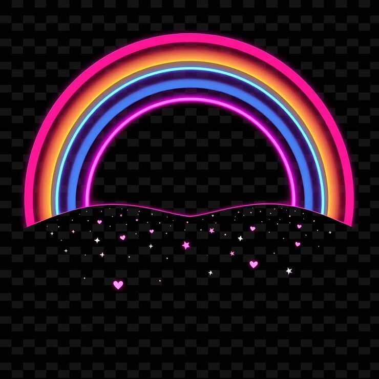 PSD un campo de arco iris de neón parpadeante dentro de un paisaje de nubes de silueta salpicado de pequeñas estrellas y corazones