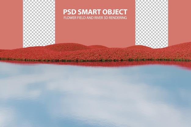 PSD campo de flores realista e rio renderização 3d de objetos isolados