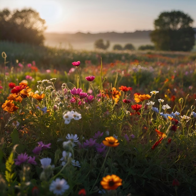 PSD campo de flores selvagens coloridas pela manhã