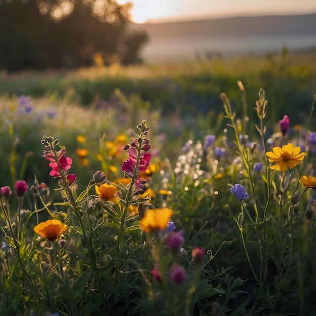 PSD campo de flores selvagens coloridas pela manhã