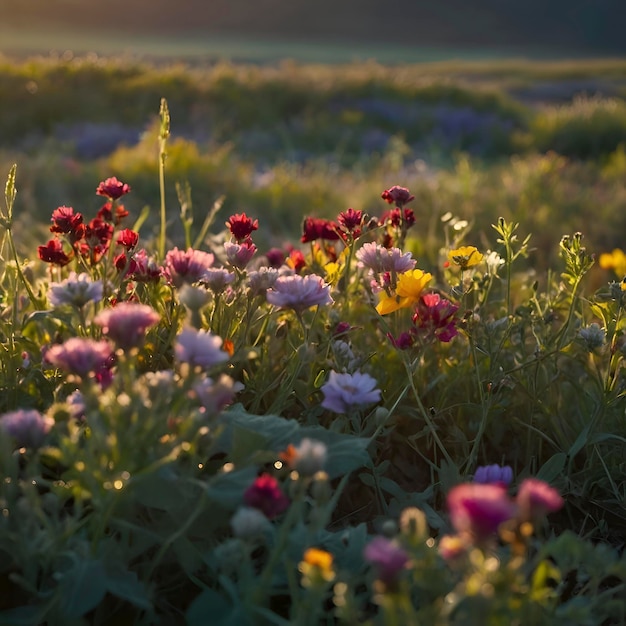 PSD campo de flores selvagens coloridas pela manhã