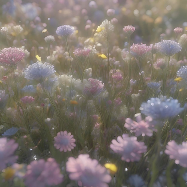 PSD campo de flores silvestres pastel com a luz do sol da manhã