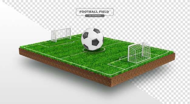 PSD campo de futebol com bola 3d isométrica renderização realista com grama