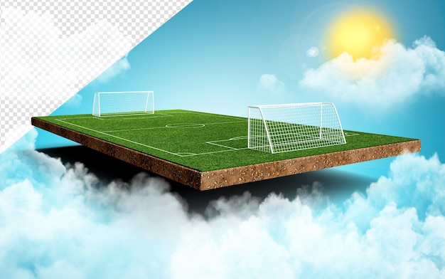 PSD campo de futebol grama verde estádio de futebol imaginário realista e poste de gol renderização em 3d