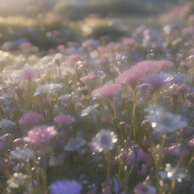 Campo di fiori selvatici pastello con la luce del sole mattutino