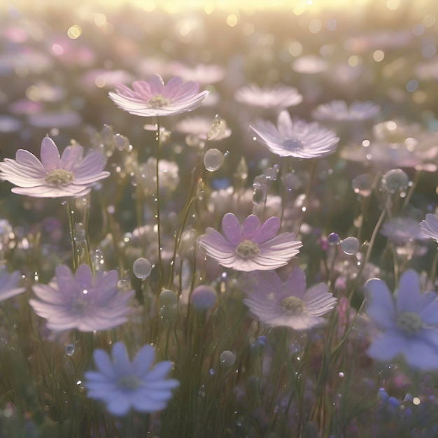 Campo de flores silvestres pastel con la luz del sol de la mañana