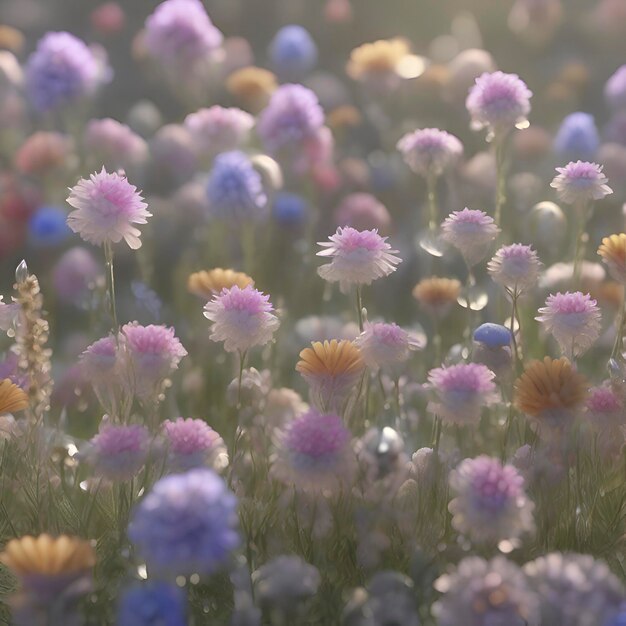 Campo de flores silvestres pastel con la luz del sol de la mañana