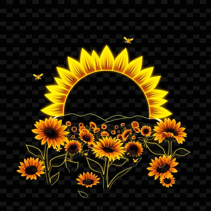 PSD campo de girasoles de neón radiante dentro de un paisaje de flores de silueta con pétalos brillantes cestas de venta
