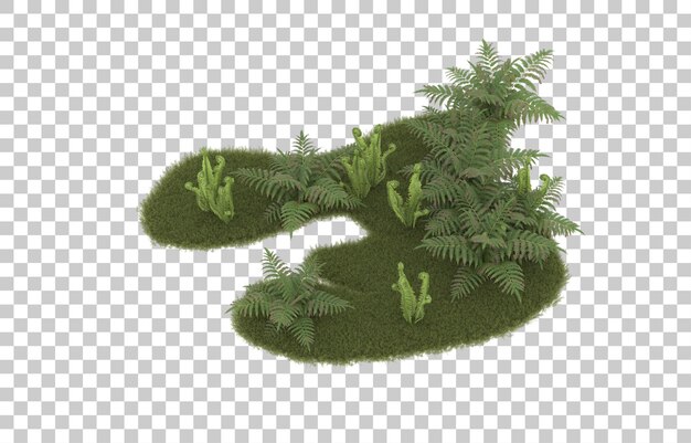 Campo de hierba con flores sobre fondo transparente. Representación 3d - ilustración