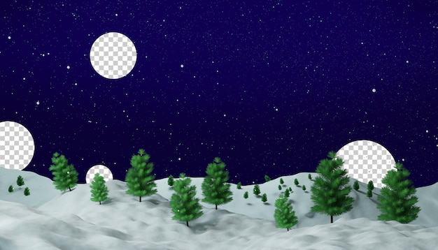 PSD campo de nieve blanca y nevadas paisaje invernal con árboles de navidad render 3d noche nevada