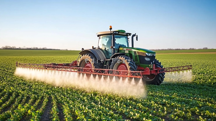 PSD campo de pulverización del tractor al atardecer