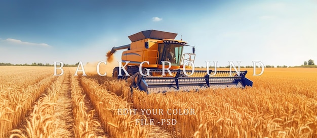 PSD el campo de trigo la cosecha del trigo utilizando herramientas modernas cielo azul claro