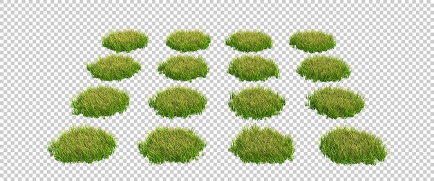Campo verde de grama com flores na ilustração de renderização 3d de fundo transparente