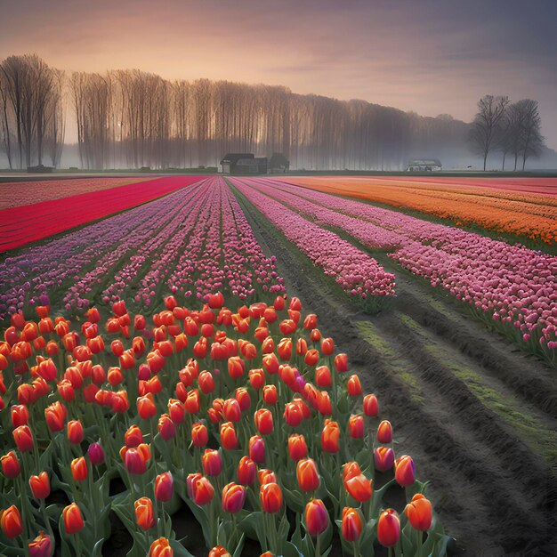 Campos de tulipas rurais holandeses paisagem rural