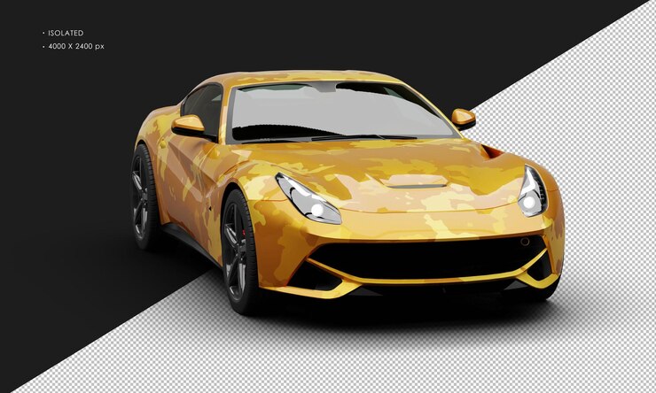 PSD camuflaje amarillo metálico realista aislado sedán deportivo moderno de la ciudad supercoche ángulo delantero derecho