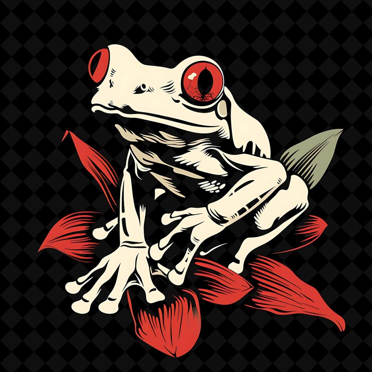 PSD camuflaje de rana de árbol de ojos rojos con pétalos de orquídea de vainilla y diseño vectorial de ilustraciones creativas