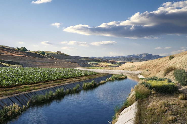 PSD canal de riego que fluye a través de tierras de cultivo bajo un cielo parcialmente nublado