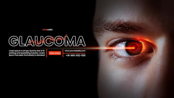 PSD canaloplasty aqueous humor banner template with a close up of an eye with a laser beam and medical background