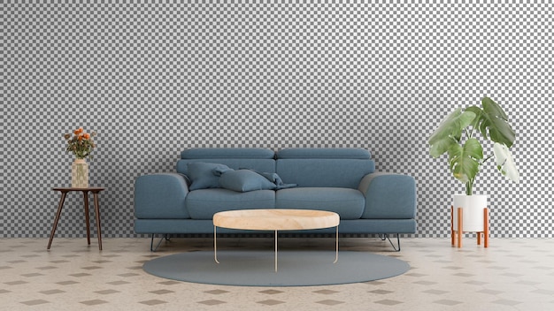 un canapé bleu et une table dans une pièce