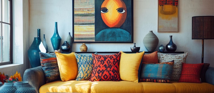 PSD un canapé jaune avec des oreillers colorés, de l'art et des vases dans un salon moderne
