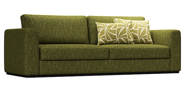 PSD canapé vert moderne et de luxe avec des oreillers isolés sur fond blanc collection de meubles