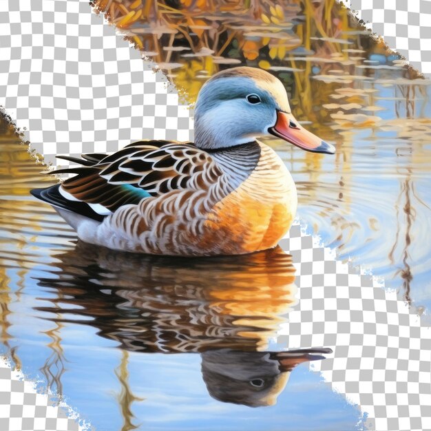 PSD canard mâle dans l'eau avec le gel de novembre se reflétant dans le fond transparent du plumage