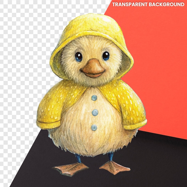 PSD un canard portant un imperméable jaune avec un fond rouge