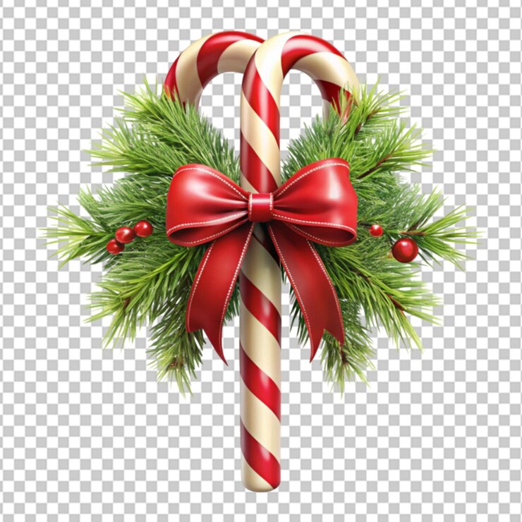 PSD cañas de caramelos de navidad con arco rojo y rama de árbol de navidad en un fondo transparente