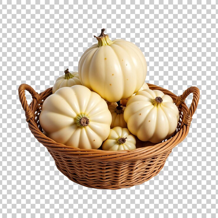 PSD una canasta de mimbre llena de calabazas blancas sobre un fondo transparente