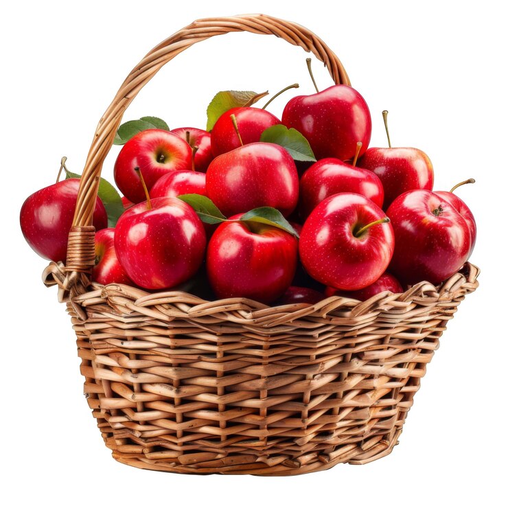 PSD una canasta de mimbre llena de manzanas rojas frescas