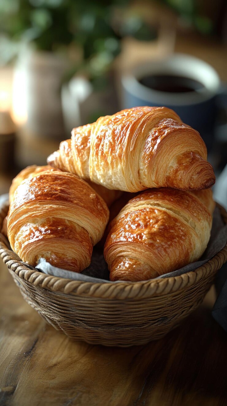 PSD una canasta de mimbre llena de tres croissants de color marrón dorado