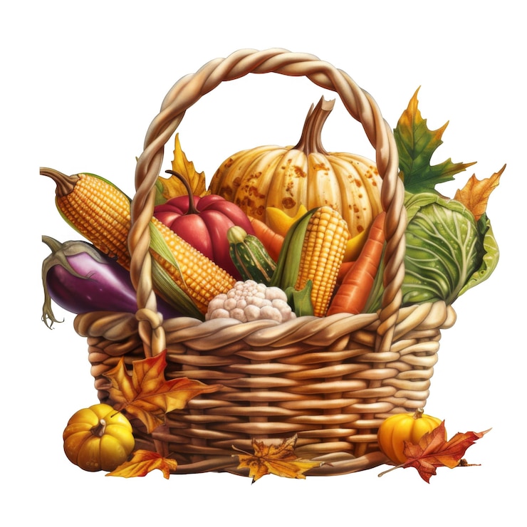 PSD una canasta de mimbre llena de verduras y calabazas de otoño