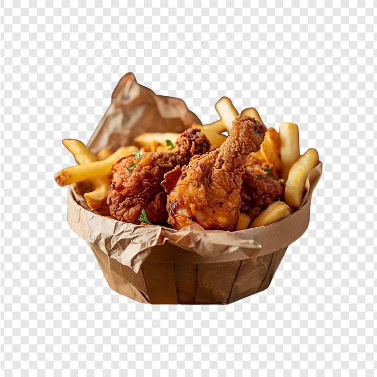 PSD una canasta de pollo frito y papas fritas con una bolsa de papel
