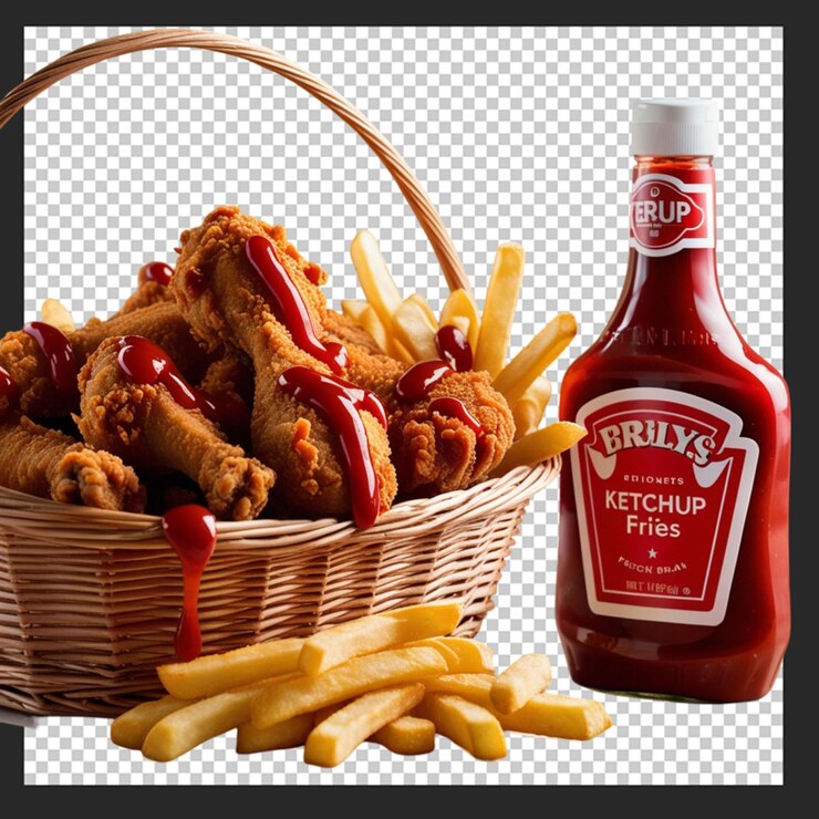 PSD una canasta de pollo frito y papas fritas con ketchup y ketchup