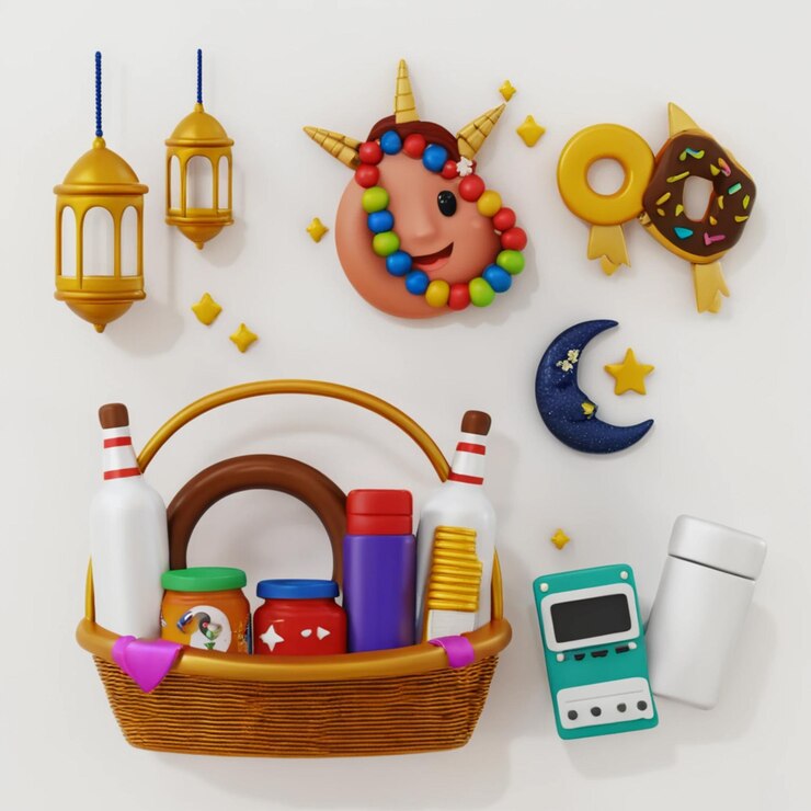 PSD una canasta con una serie de artículos, incluido un reloj, una luna y una estrella