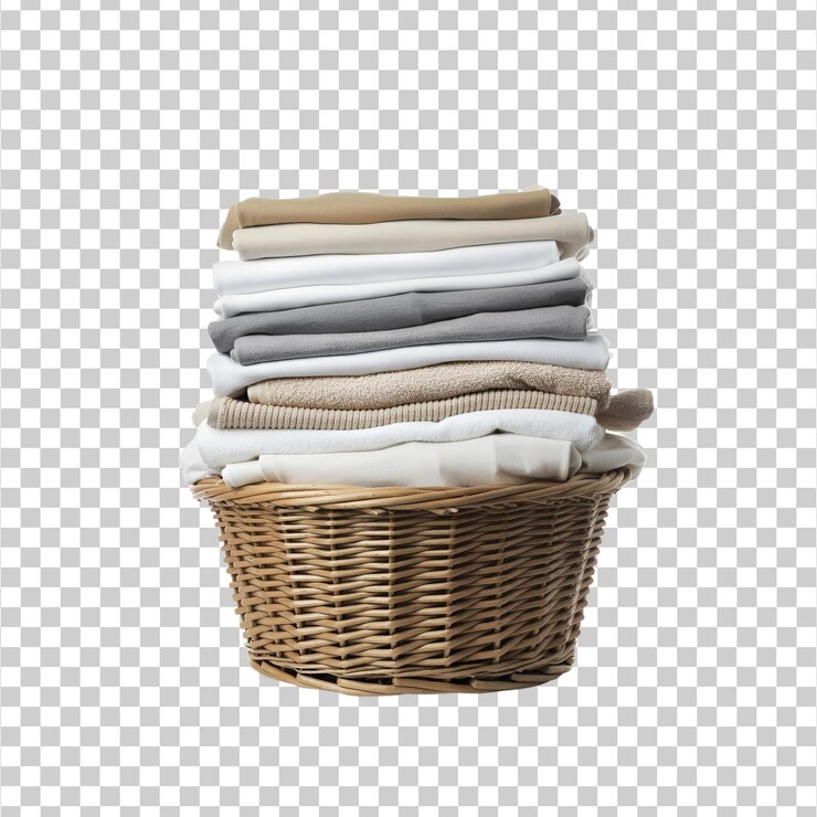 PSD una canasta de toallas limpias en una mesa de madera png aislada sobre un fondo transparente