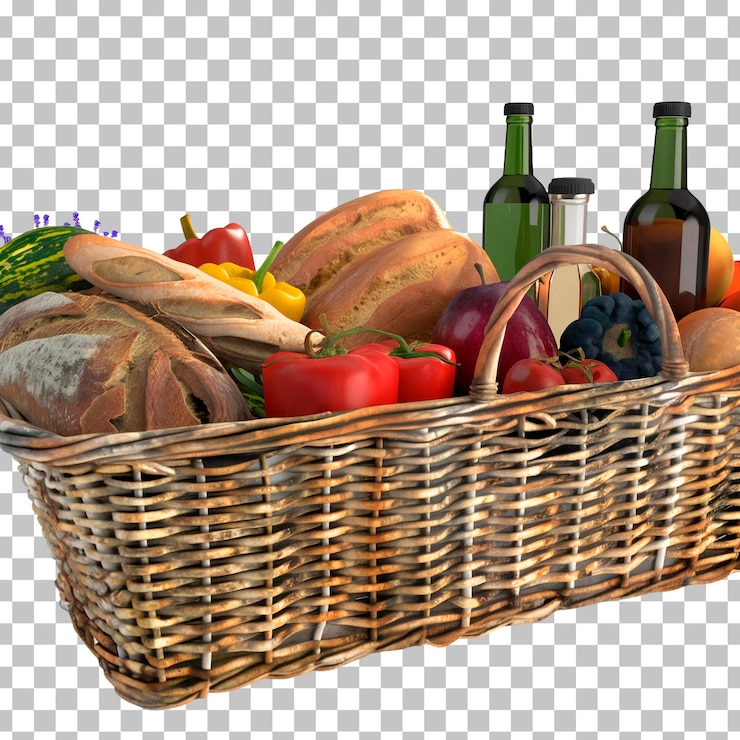 PSD una canasta de verduras, incluida una botella de vino, una botella de vino y una botilla de vino